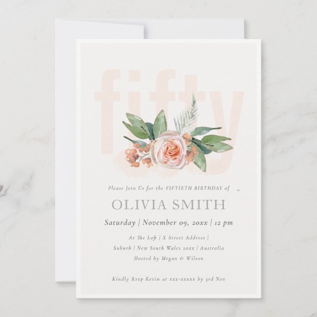 Carte De Remerciements Pastel Peach Rose Floral Bunch 50 Anniversaire Inv (Devant)