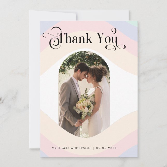 Carte De Remerciements Pastel Rainbow Arch Photo & Retro Script Mariage (Devant)