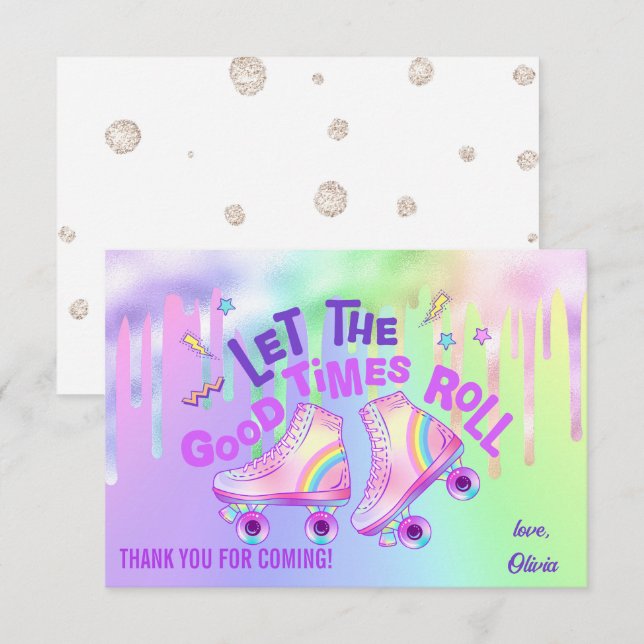 Carte De Remerciements Pastel Rainbow | Patinage à rouleaux Anniversaire (Devant / Derrière)