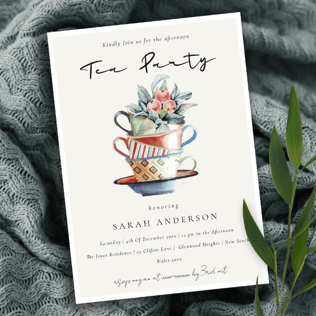 Carte De Remerciements Pastel tasses empilées Après-midi Tea Party Invita (Créateur téléchargé)
