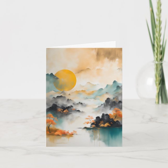 Carte De Remerciements Paysage de Wabi Sabi avec soleil (Devant)