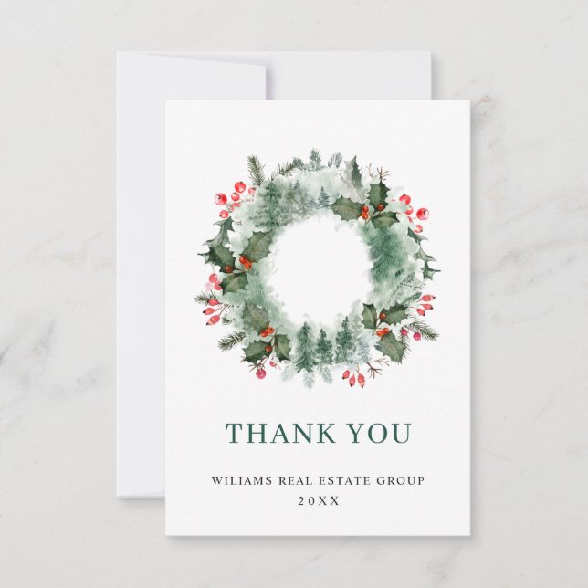 Carte De Remerciements Paysage Wreath Holly Berry Pine Forest Noël (Devant)