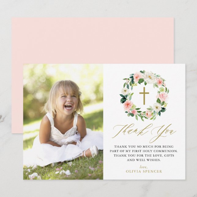 Carte De Remerciements Peach Floral Wreath Photo First Holy Communion (Devant / Derrière)