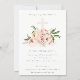 Carte De Remerciements Peach Peony Doux Floral Cross Bunch Baptism Invita
