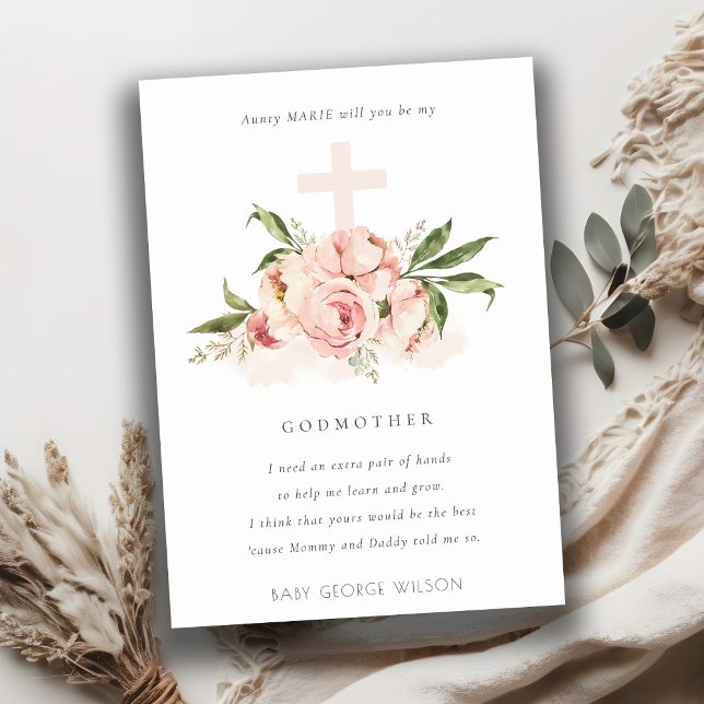 Carte De Remerciements Peach Peony Floral Cross Godmère Proposition Invit (Créateur téléchargé)