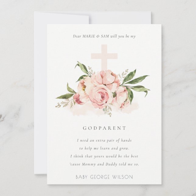 Carte De Remerciements Peach Peony Floral Cross Godparent Proposition Inv (Devant)