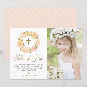 Carte De Remerciements Peach Peony Wreath Première Communion