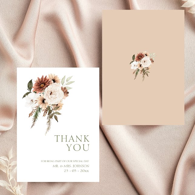 Carte De Remerciements Peach Rustic Terracotta Verdure Mariage Floral (Elegant Peach Olive Green Floral Wedding Thank You Card)