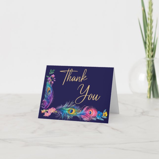 Carte De Remerciements Peacock Feathers & Fleurs Quinceañera (Devant)