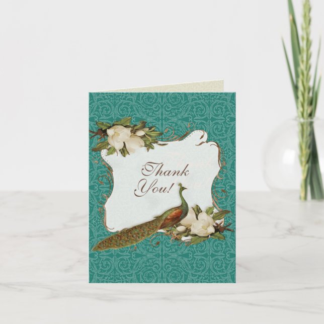 Carte De Remerciements Peacock Magnolia Floral Swirl Mariage damassé (Devant)