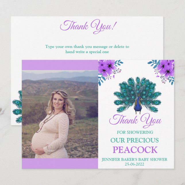 Carte De Remerciements Peacock vert et bleu | Fleurs d'aquarelle violette (Devant / Derrière)