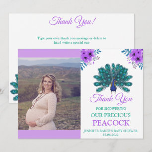 Carte De Remerciements Peacock vert et bleu   Fleurs d'aquarelle violette