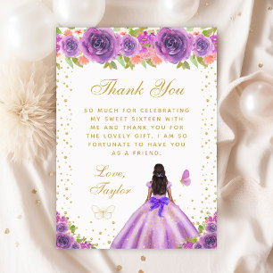 Carte De Remerciements Peau foncée violette Florale Princesse Sweet sixte