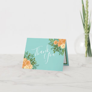 Carte De Remerciements Pêche Aqua Turquoise Mariage Roses Floral