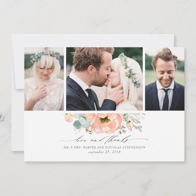 Carte De Remerciements Pêcher Floral Mariage 3 Photos (Devant)
