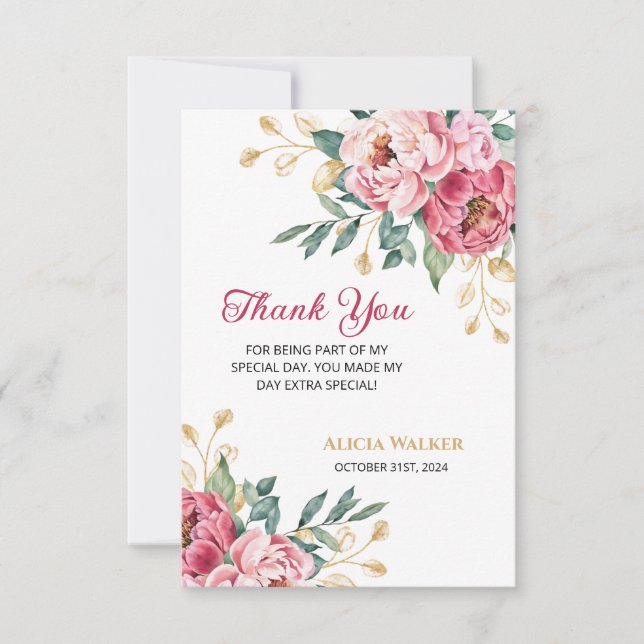 Carte De Remerciements Peine rose rouge feuille d'or vert Anniversaire (Devant)