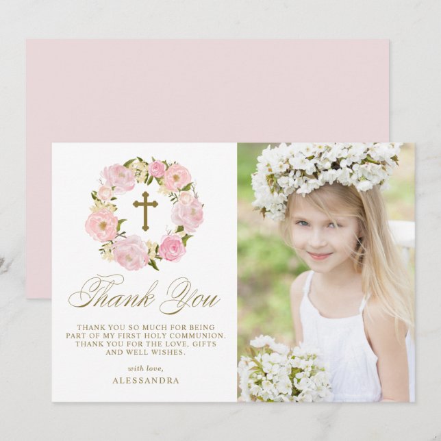 Carte De Remerciements Peine rose rousse Wreath Gold Première communion s (Devant / Derrière)