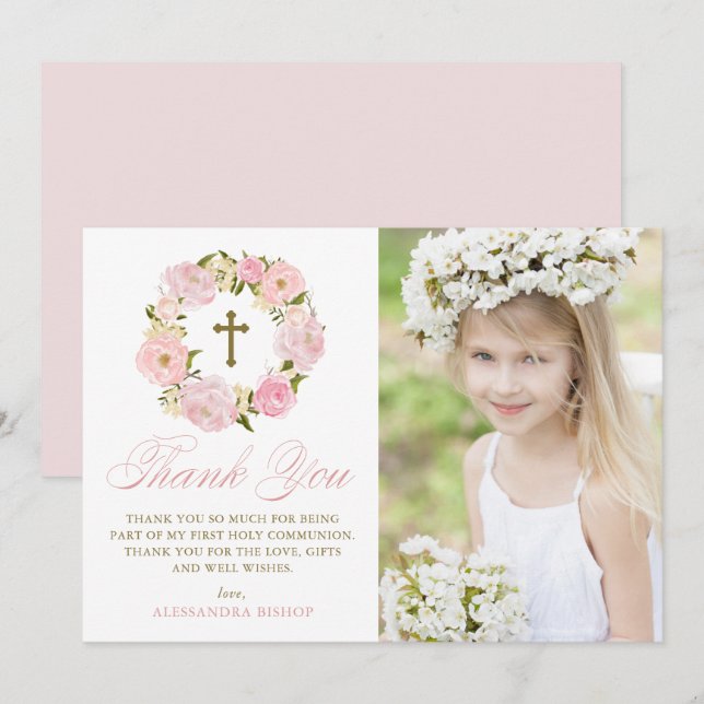 Carte De Remerciements Peines roses rousses Wreath Première communion sai (Devant / Derrière)
