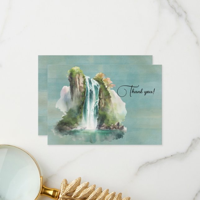 Carte De Remerciements Peinture aquarelle de cascade (Devant/Arrière en situation)
