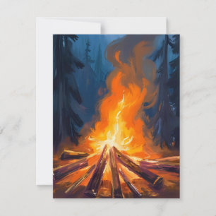 Carte De Remerciements Peinture de forêt à l'aquarelle autour d'un feu de