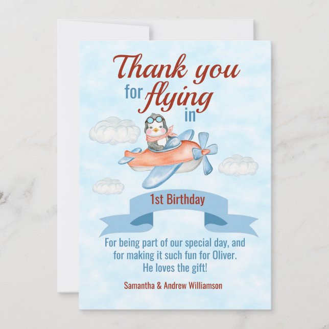 Carte De Remerciements Penguin Avion bleu 1er anniversaire (Devant)