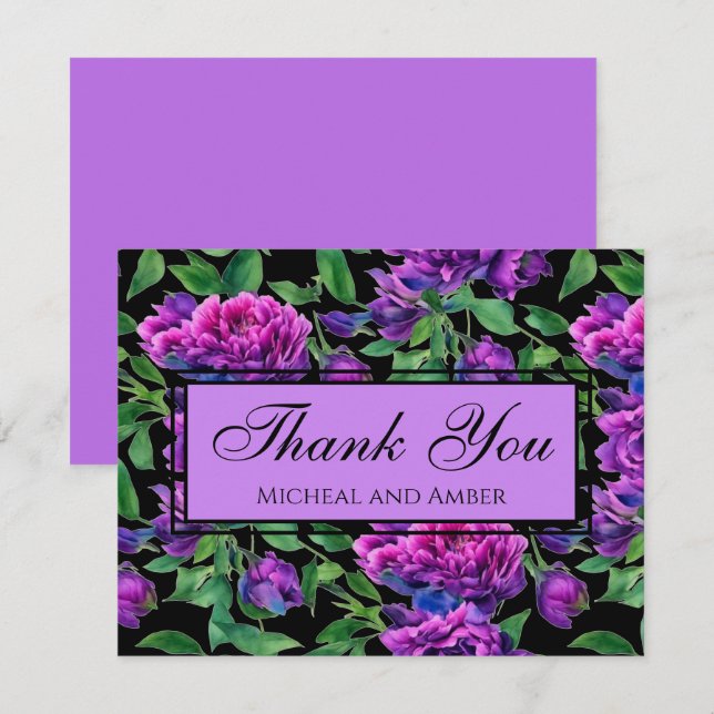 Carte De Remerciements Peonées d'aquarelle romantique violet magenta rose (Devant / Derrière)
