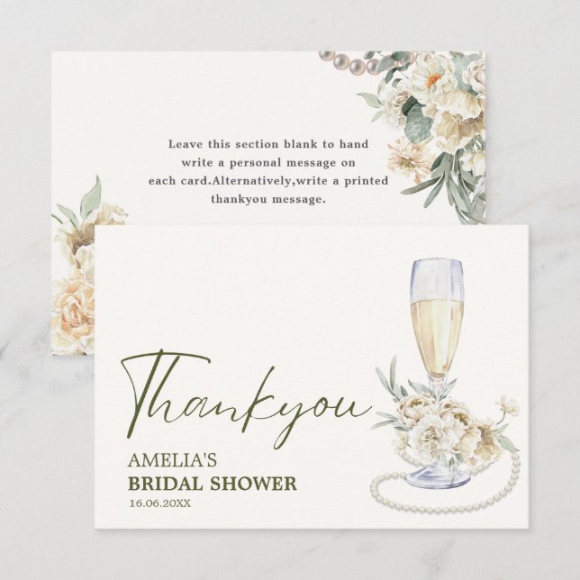 Carte De Remerciements Perles et prosecco douche de mariée florale (Devant / Derrière)