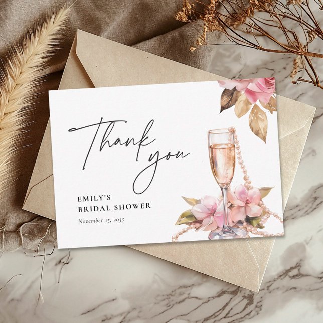 Carte De Remerciements Perles Fleurs & Prosecco Fête de Mariage Florale (Créateur téléchargé)