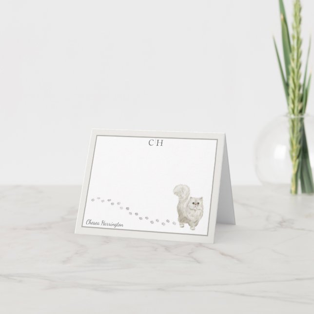 Carte De Remerciements Perse Chat Gris Bordure Monogramme Nom plié (Devant)