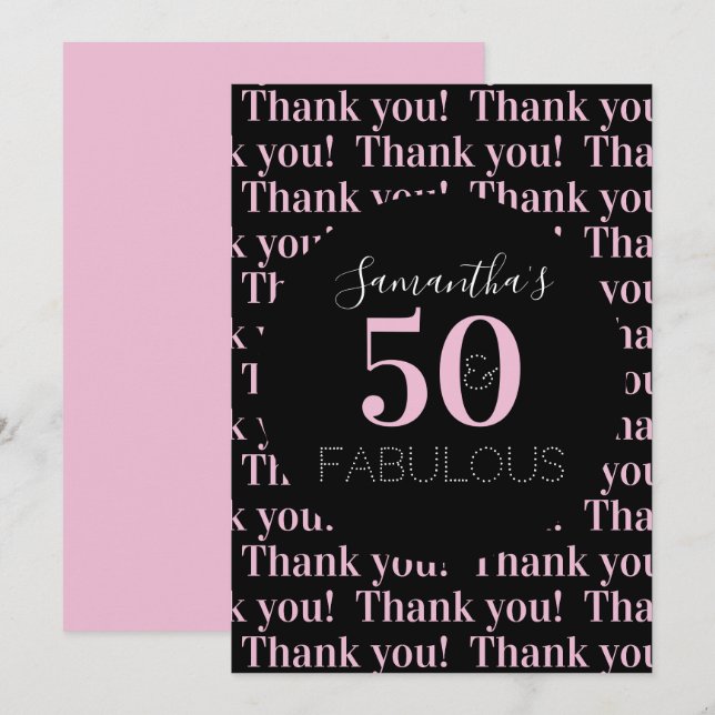 Carte De Remerciements Personnalisé 50 et fabuleux Black Pink (Devant / Derrière)