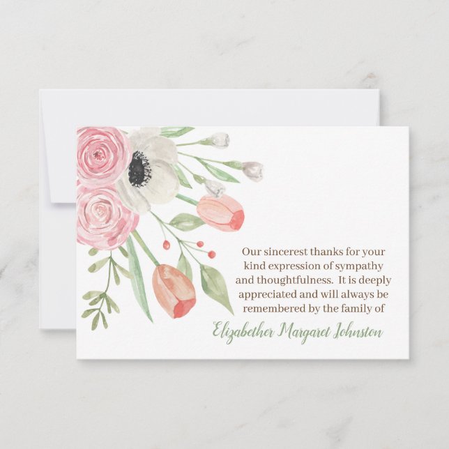Carte De Remerciements Perte funèbre florale d'aquarelle élégante (Devant)
