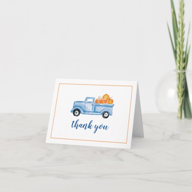 Carte De Remerciements Petit camion bleu Citrouille premier anniversaire (Devant)