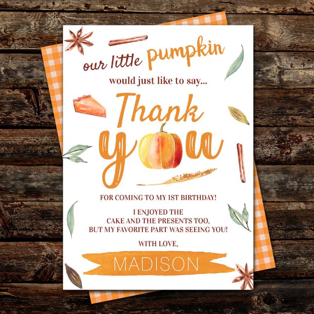 Carte De Remerciements Petit Citrouille Automne 1er Anniversaire (Créateur téléchargé)