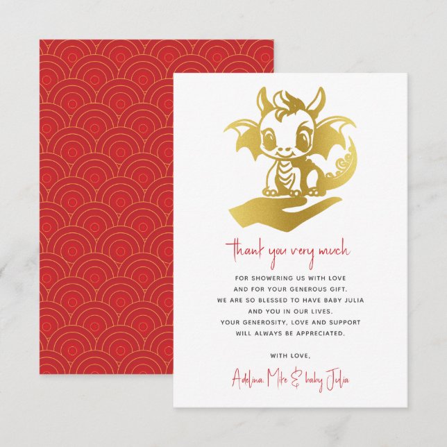 Carte De Remerciements Petit Dragon Mignonne Sur Le Chemin Baby shower Ro (Devant / Derrière)