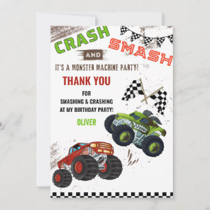 Carte De Remerciements Petit garçon anniversaire voiture camion monstre m