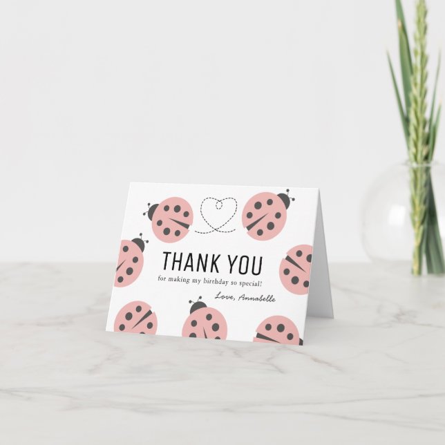 Carte De Remerciements Petit Love Bug Ladybug rose Anniversaire (Devant)