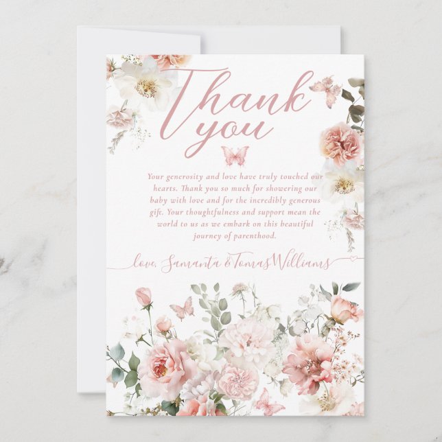 Carte De Remerciements Petit Papillon rose Floral Baby Girl Douche (Devant)