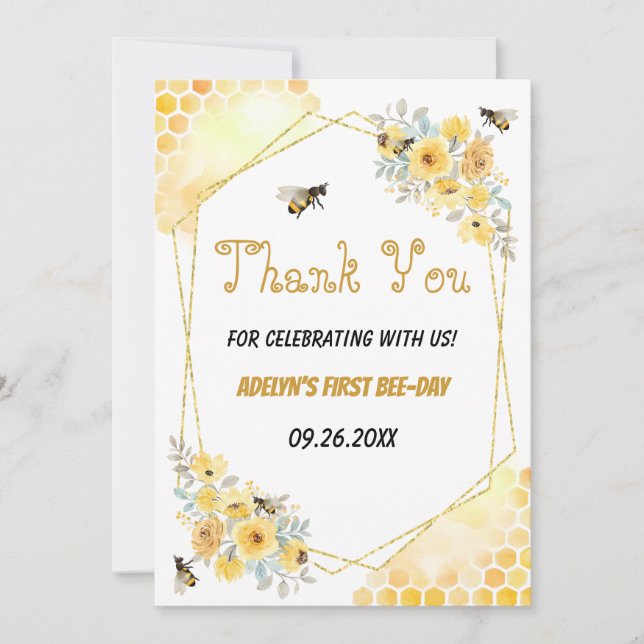 Carte De Remerciements Petite Aquarelle Florale de Miel Abeille 1er Anniv (Devant)