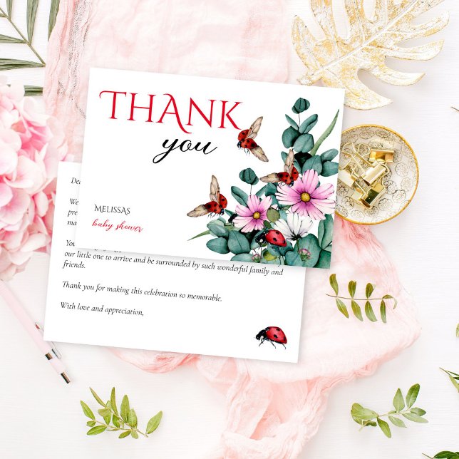 Carte De Remerciements Petite dame baby shower (Lady bug little lady spring summer girls baby shower thank you cards eucalyptus greenery cute bugs)