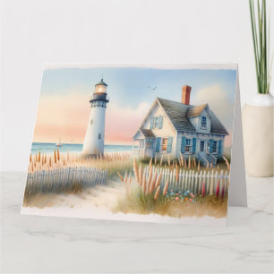 Carte De Remerciements Phare de bord de mer et chalet d'aquarelle scène