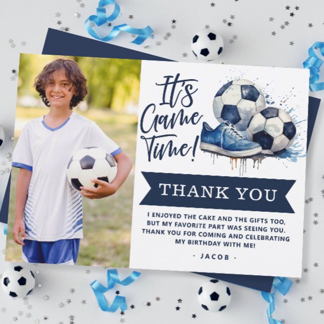 Carte De Remerciements Photo à l'aquarelle d'enfants de football bleu mar (Créateur téléchargé)