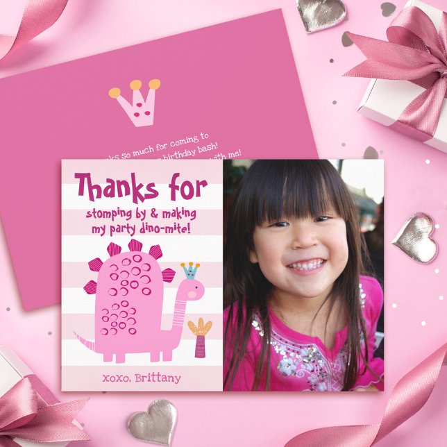 Carte De Remerciements Photo Adorable Dinosaure Rose Mignon Amusant Anniv (Créateur téléchargé)
