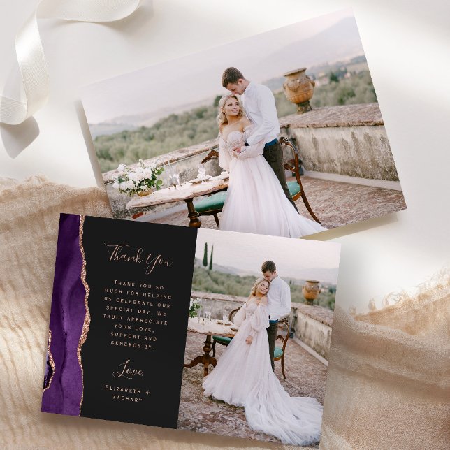Carte De Remerciements Photo Agate Violet Rose Or Foncé Mariage (Créateur téléchargé)