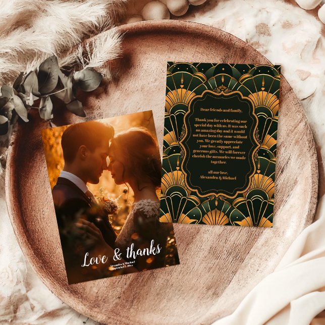 Carte De Remerciements Photo Art Déco Mariage Diamant Or et vert (Créateur téléchargé)