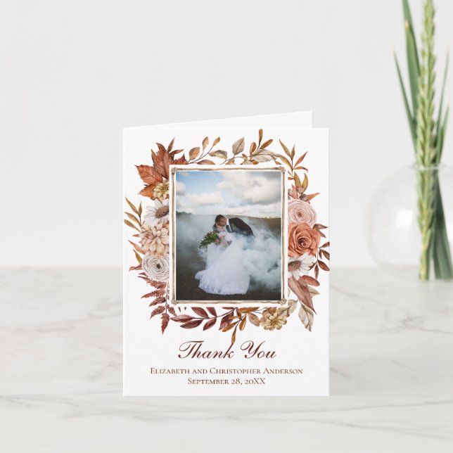Carte De Remerciements Photo Automne Floral Rose Blanc Brown Mariage (Devant)