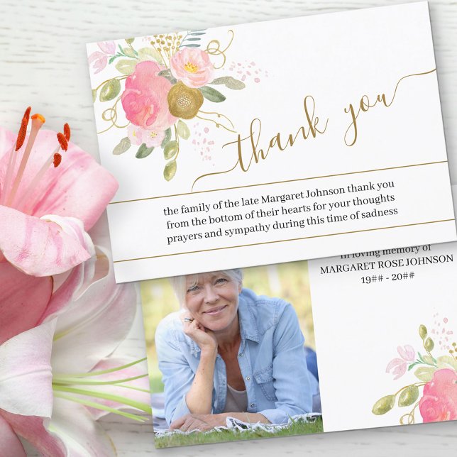 Carte De Remerciements Photo avec des fleurs roses et des funérailles de  (Créateur téléchargé)