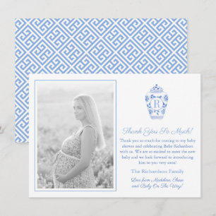 Carte De Remerciements Photo Baby shower Monogramme Bleu Et Blanc