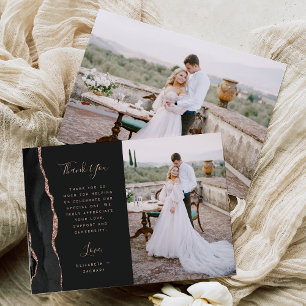 Carte De Remerciements Photo Black Agate Rose Gold Script Mariage