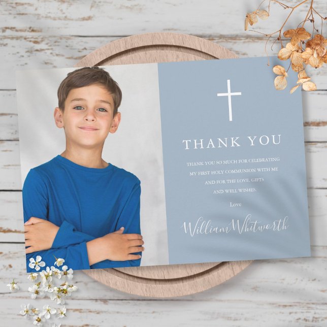 Carte De Remerciements Photo bleu Dusty Première communion sainte (Créateur téléchargé)