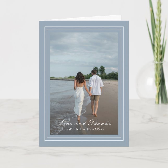 Carte De Remerciements Photo Bleu Dusty traditionnelle Mariage intemporel (Devant)